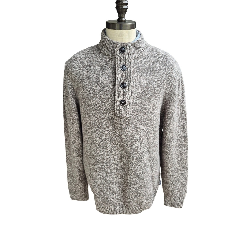 Barbour Marled Knit Button Mock Neck Zip Pullover Sweater Brown Wool Cotton XXL